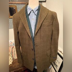 T. Harris London Sport Coat 44R Olive/Nave Plaid Lambswool NWT England